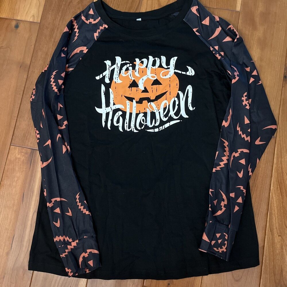 Happy Halloween  Long Sleeve T Shirt With Jack O Lantern Sleeves Size Medium